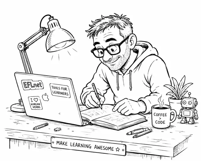 Illustration of Richie sketching game ideas at his workbench, surrounded by a desk lamp, a sticker-covered laptop, a coffee mug, a plant, and a little AI robot.